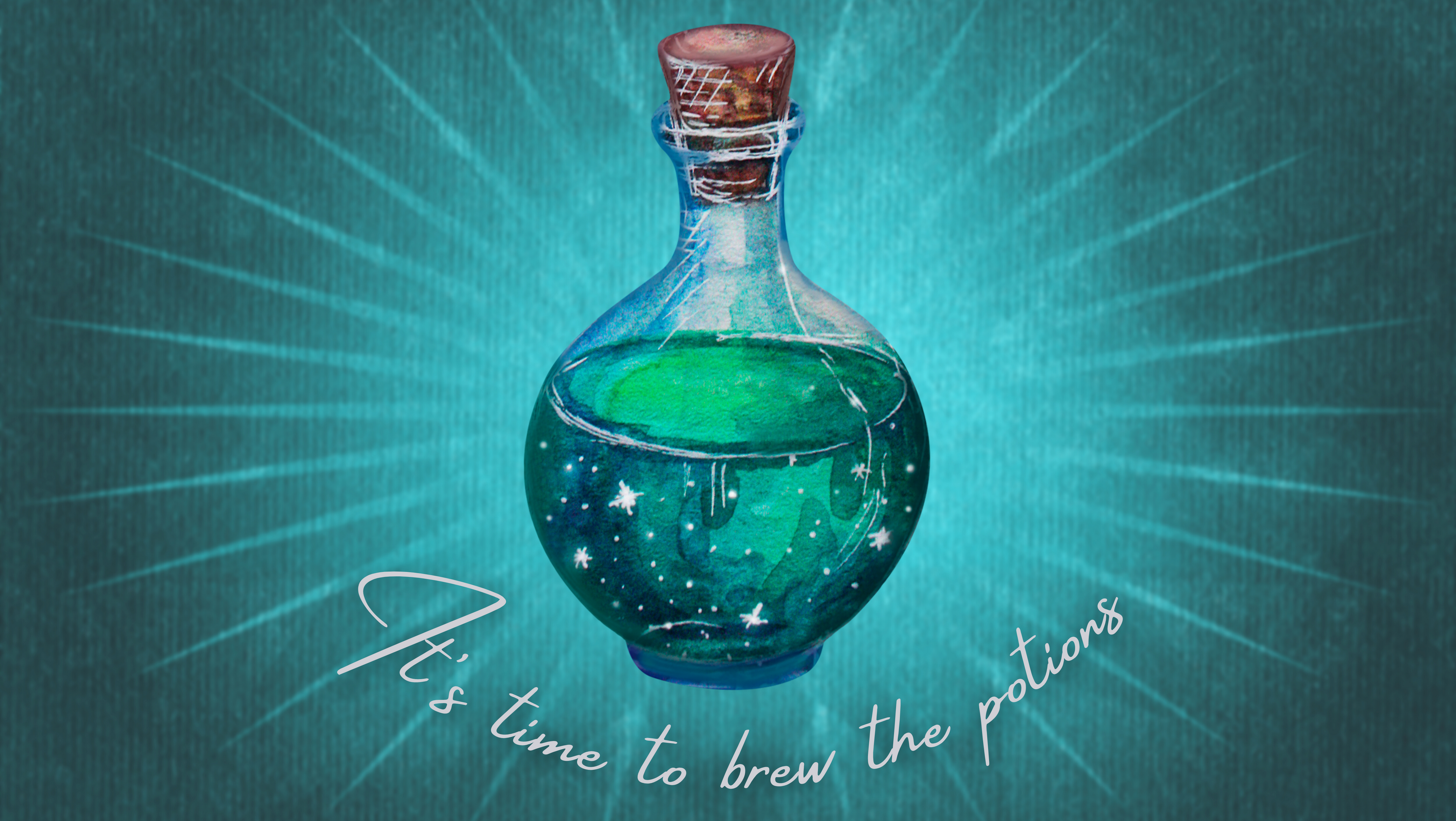 Image with a teal spell jar with text under it saying "It's time to brew the potions". - The Call of the Craft